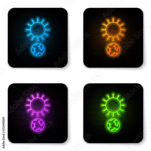 Glowing neon Solstice icon isolated on white background. Black square button. Vector Illustration