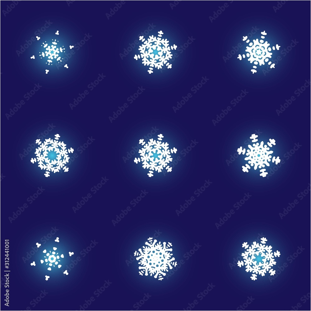 Kit of isolated silhouettes of snowflakes on blue background. Kit of isolated silhouettes of snowflakes on blue background.