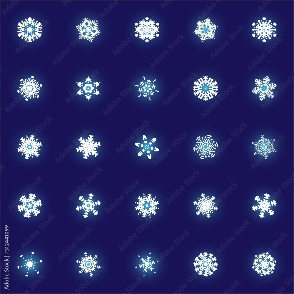 Set of isolated falling snowflakes on blue background. Set of isolated falling snowflakes on blue background.