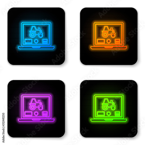 Glowing neon Laptop application for control a autonomous tractor on a smart farm icon isolated on white background. Smart agriculture implement. Black square button. Vector Illustration