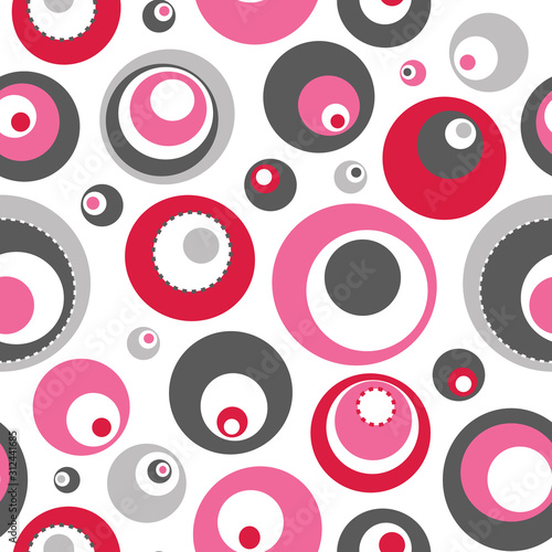 Red, pink and grey seamless polka dot pattern. Repeating circle pattern for fabric, backgrounds, gift wrap, scrapbooking and more. Modern, contemporary abstract print. EPS file includes pattern swatch