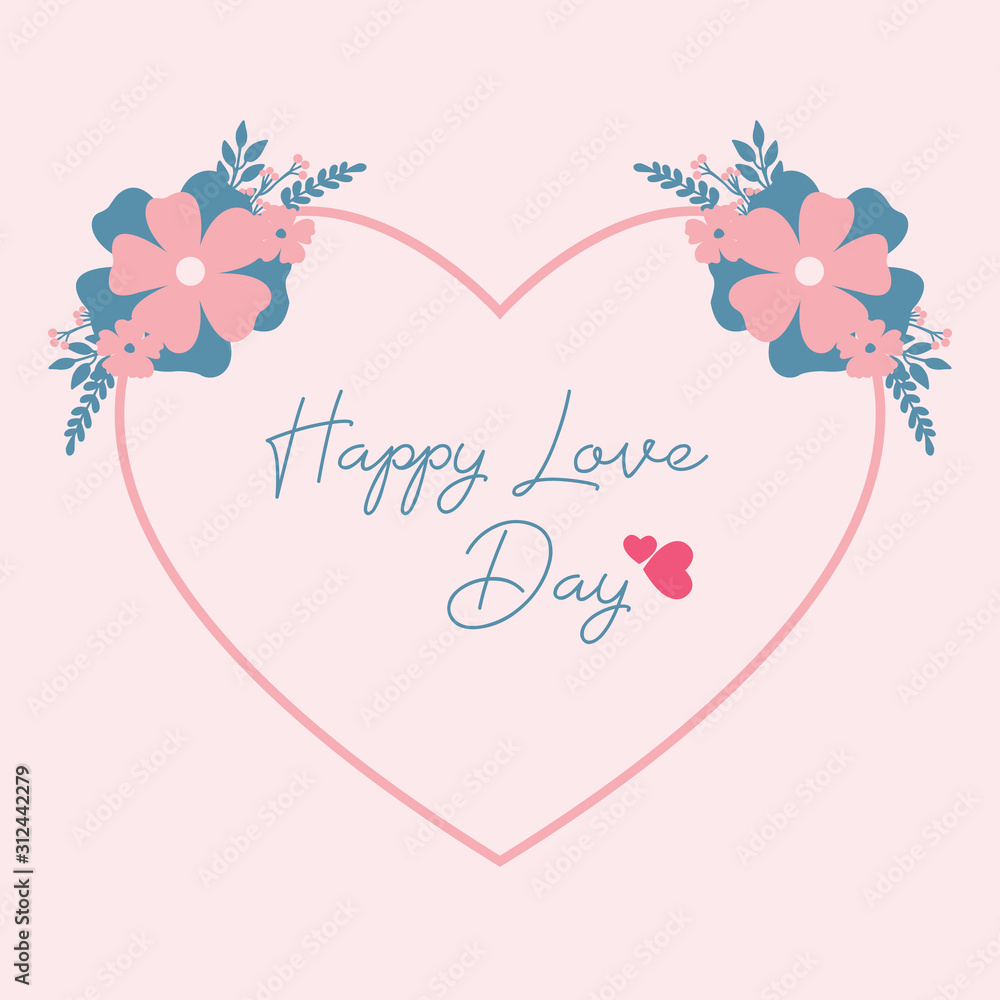 Romantic pattern of leaf and flower frame, for elegant happy love day greeting card decor. Vector