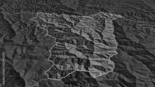 Lhuentse, district with its capital, zoomed and extruded on the bilevel map of Bhutan in the conformal Stereographic projection. Animation 3D photo