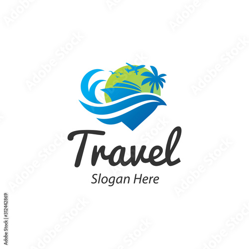 Travelling and tour logo iconic. Airplane, yacht, wave, and pin. Branding for tour and travel, travel agency, tour agency, vacations, journey,etc. Isolated logo vector inspiration. Graphic designs