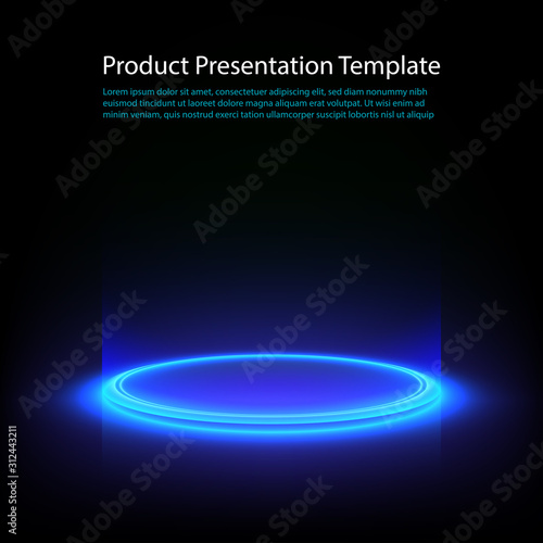 Neon pedestal. Blue glowing ring on glossy floor. Abstract hi-tech background for display product. Vector template.