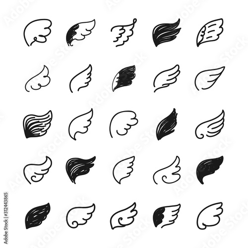 Set of scribble black angel wings.  Collection of wings shapes draw the hand. Vector illustration.