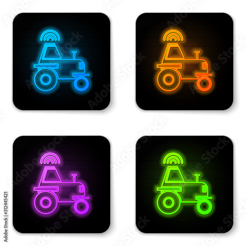 Glowing neon Self driving wireless tractor on a smart farm icon isolated on white background. Smart agriculture implement element. Black square button. Vector Illustration