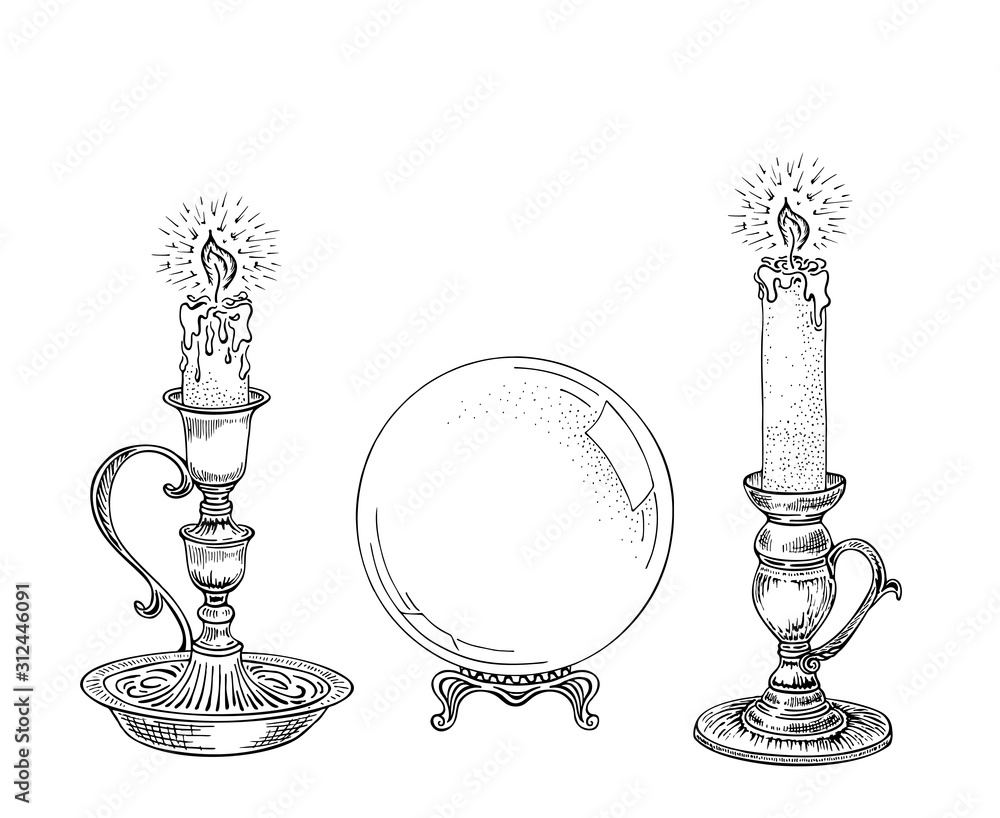 Candle sketch and magic ball. A set of different candles in an old
