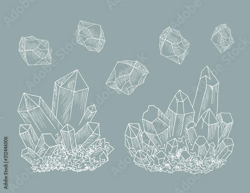 Set of crystals sketch ink. Hand drawn vector illustration.