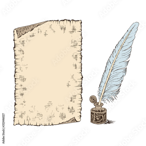 Hand drawn sheet of paper scroll, feathers and inkwell. Pencil sketch, engraving in vintage retro style. Vector illustration