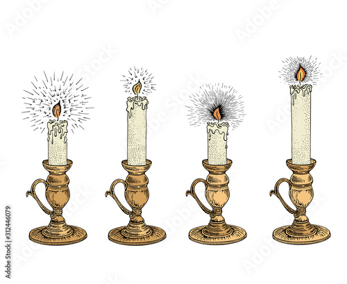 Candle sketch. Hand drawn vector illustration in vintage style. Vintage candlestick engraving in retro style. Vector illustration