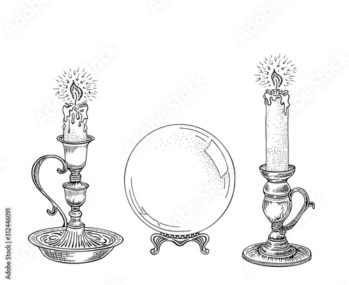 Candle sketch and magic ball. A set of different candles in an old candlestick. Hand drawn vector illustration