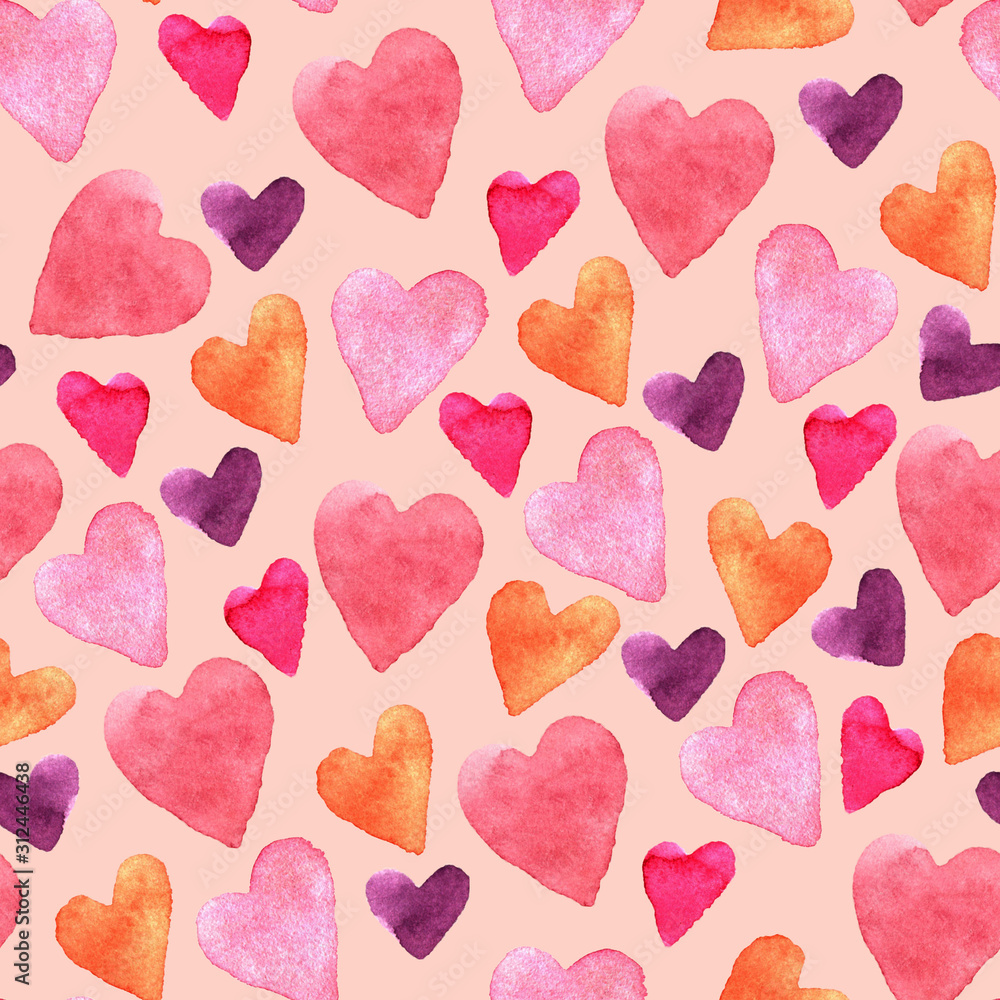 Seamless pattern with hand-drawn watercolor hearts on a pink background. Valentine's day texture for design of wrapping paper, postcards, fabric and other souvenir products Seamless pattern with hand-drawn watercolor hearts on a pink background. Valentine's day texture for design of wrapping paper, postcards, fabric and other souvenir products