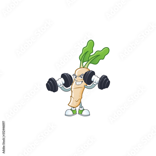 Fitness exercise horseradish mascot icon with barbells