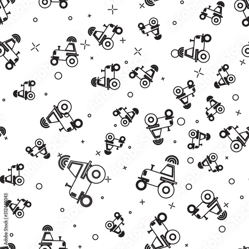 Black line Self driving wireless tractor on a smart farm icon isolated seamless pattern on white background. Smart agriculture implement element. Vector Illustration