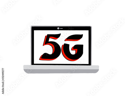 Icon of laptop 5G on an white background. Laptop network of the fifth generation. Vector illustration.