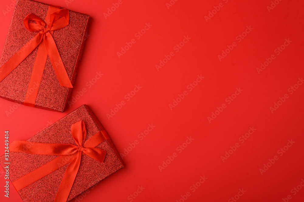 Valentine's Day, Flat lay. Red background with gifts, congratulations on February 14. Postcard and congratulation. Valentine's Day, Flat lay. Red background with gifts, congratulations on February 14. Postcard and congratulation.