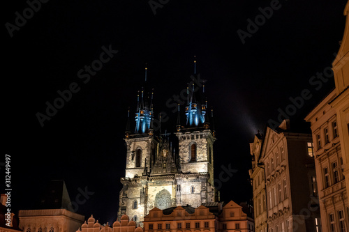 Temple of the Virgin Mary in front of Tyn on Old Town Square in Prague at night, Czech Republic.