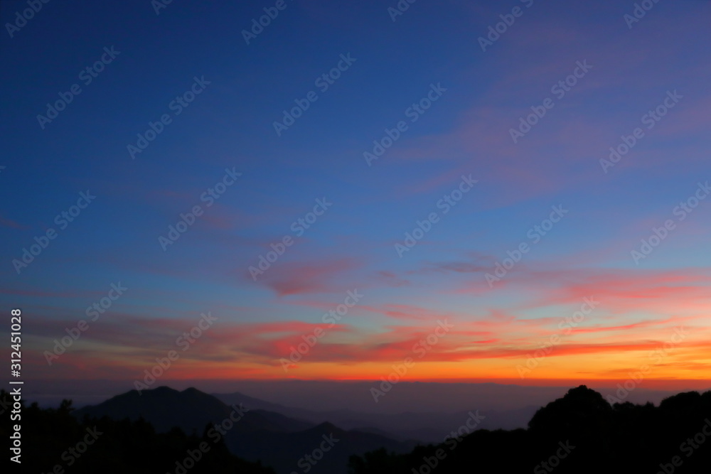 landscape mountain forest in the mist with sunset sky in mystic nature