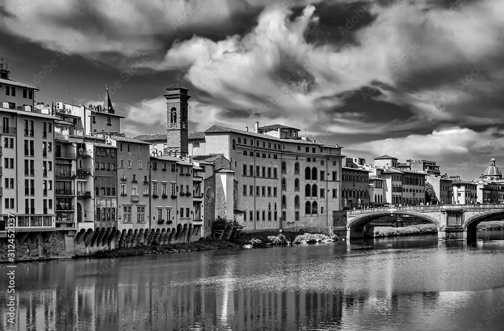 Florence Architecture Italy Cityscape River Reflection Black and White Photography