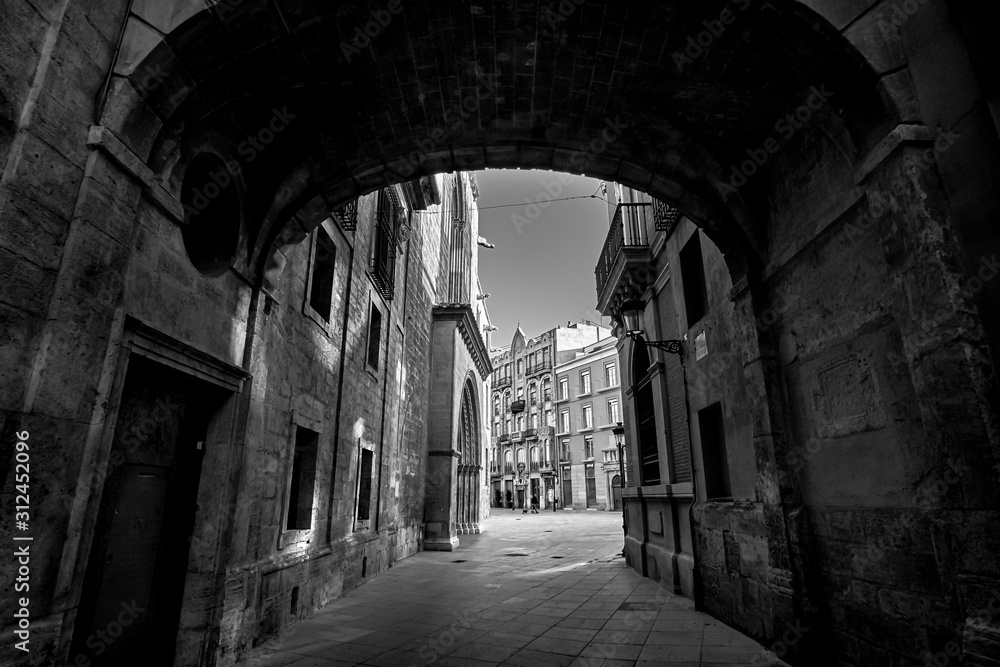 Valencia Spain Narrow Street with Arch Bridge Black and White Photography