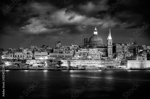Photography Valletta Skyline at Sunset, Malta Black and White Photography