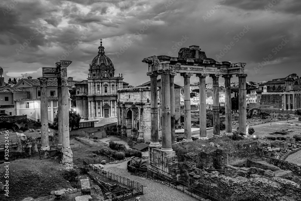 Rome Italy Sunset with Roman Forum Ruins and Beautiful Light Black and White Photography