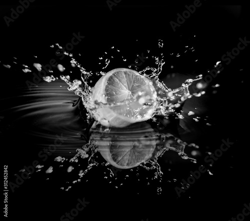 Lemon Lime Splash in Water Black and White Photography