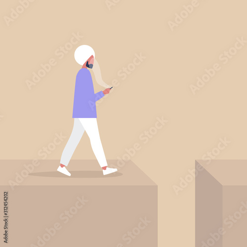 Young indian male character addicted to smart phone striding to the abyss, nomophobia, millennial lifestyle
