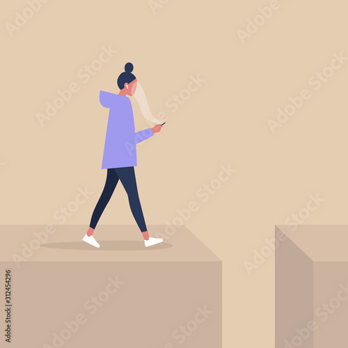 Young female character addicted to smart phone striding to the abyss, nomophobia, millennial lifestyle