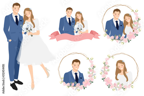 cute cartoon young wedding couple wreath logo in cherry blossom wreath eps10 vectors illustation