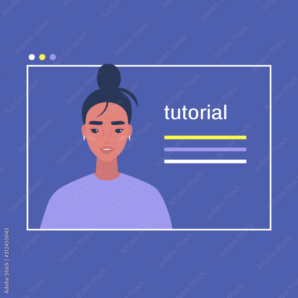 online video tutorial, cover image, a portrait of a young female character, online education online video tutorial, cover image, a portrait of a young female character, online education