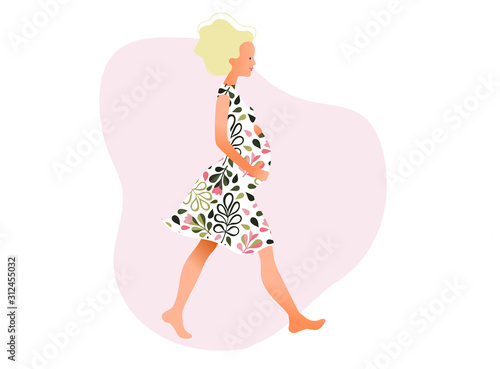 Pregnant woman walking. Active well fitted pregnant female character. Happy pregnancy. Yoga and sport for pregnant. Flat cartoon vector illustration. Pink color