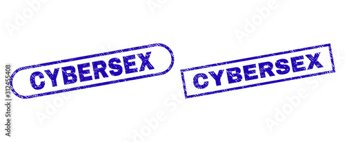 Blue rectangle and rounded CYBERSEX watermark. Flat vector textured seals with CYBERSEX text inside rectangle frame and rounded rectangle frames. Watermark with scratched texture,
