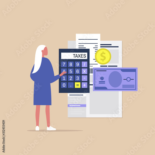 Young female character filing a tax return, Declaring an income