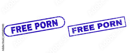 Blue rectangle and rounded FREE PORN watermark. Flat vector scratched stamps with FREE PORN message inside rectangle frame and rounded rectangle frames. Watermark with scratched surface,