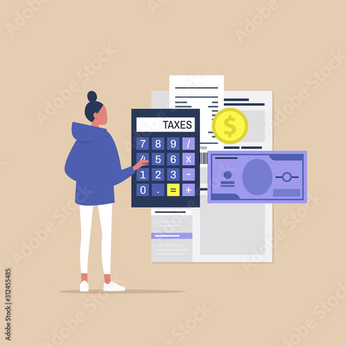 Young female character filing a tax return, Declaring an income