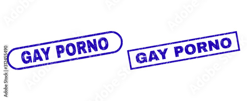Blue rectangle and rounded GAY PORNO watermark. Flat vector distress watermarks with GAY PORNO caption inside rectangle frame and rounded rectangle frames. Watermark with corroded surface,
