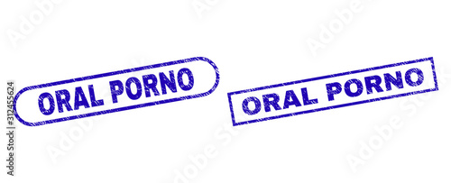 Blue rectangle and rounded ORAL PORNO watermark. Flat vector grunge watermarks with ORAL PORNO title inside rectangle frame and rounded rectangle frames. Watermark with grunged texture,
