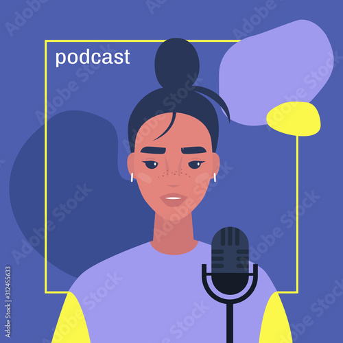 Young female character hosting a podcast, cover image template