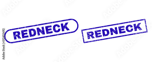 Blue rectangle and rounded REDNECK watermark. Flat vector scratched watermarks with REDNECK message inside rectangle frame and rounded rectangle frames. Watermark with corroded surface,