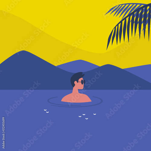 Young male character swimming in the sea, holidays in a tropical climate, lifestyle