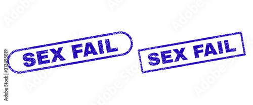 Blue rectangle and rounded SEX FAIL seal. Flat vector distress seal stamps with SEX FAIL caption inside rectangle frame and rounded rectangle frames. Rubber imitation with scratched style,
