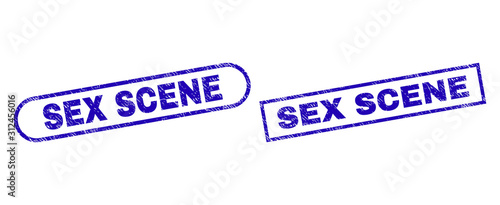 Blue rectangle and rounded SEX SCENE seal stamp. Flat vector textured seal stamps with SEX SCENE phrase inside rectangle frame and rounded rectangle frames. Watermark with unclean surface,