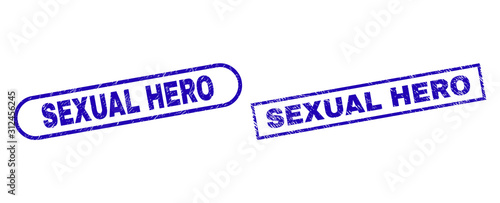 Blue rectangle and rounded SEXUAL HERO stamp. Flat vector scratched stamps with SEXUAL HERO title inside rectangle frame and rounded rectangle frames. Watermark with scratched style,