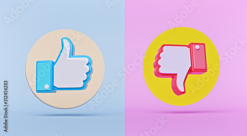 Like and dislike buttons on abstract background. modern minimal symbols horizontal banner. social media feedback concept. 3d rendering