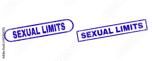 Blue rectangle and rounded SEXUAL LIMITS watermark. Flat vector scratched seal stamps with SEXUAL LIMITS message inside rectangle frame and rounded rectangle frames. Watermark with scratched surface,