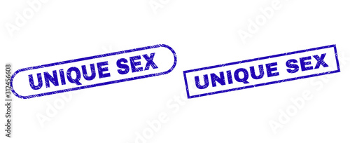 Blue rectangle and rounded UNIQUE SEX seal. Flat vector distress seal stamps with UNIQUE SEX message inside rectangle frame and rounded rectangle frames. Rubber imitation with unclean style,