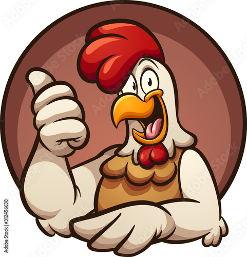 Chicken with thumbs up hand sign, coming out of a circle clip art. Vector  cartoon illustration with simple gradients. All in a single layer. 