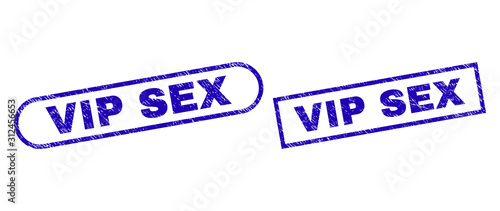 Blue rectangle and rounded VIP SEX seal. Flat vector grunge stamps with VIP SEX phrase inside rectangle frame and rounded rectangle frames. Rubber imitation with grunge style, on a white background.